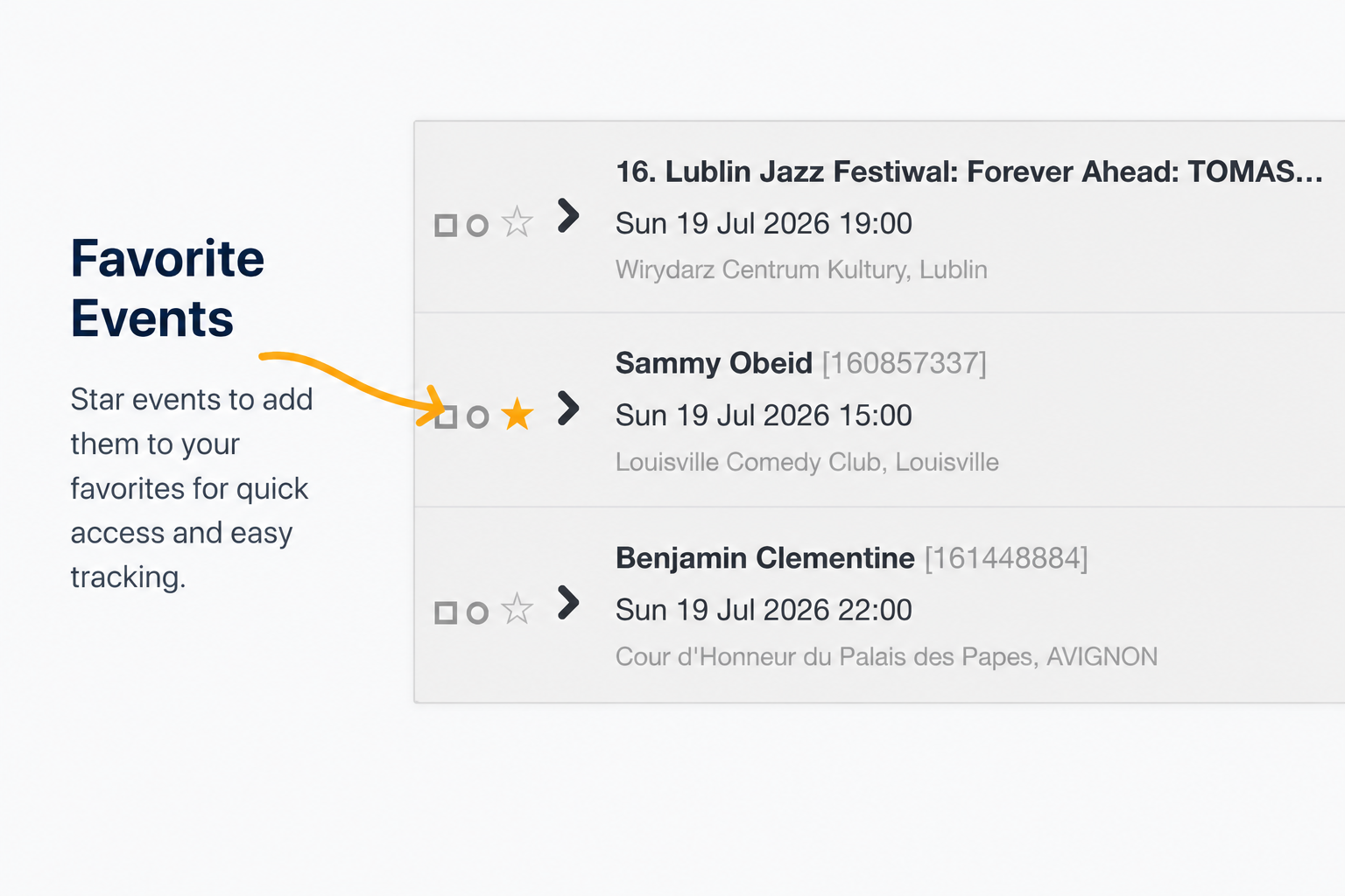 Inventory list row with a star icon being clicked to add an event to Favorites.